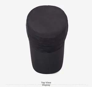 Top view of a black quick-dry flat top military cap showing precise stitching details