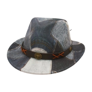 Kids Retro Western Denim Patchwork Fedora Hat With Bull Head Buckle Leather Belt Sun Protection Ethnic Jazz Cap