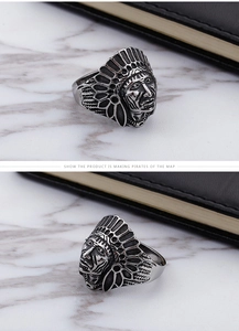 Macro shot of retro native american indian chief engraved stainless steel ring detail