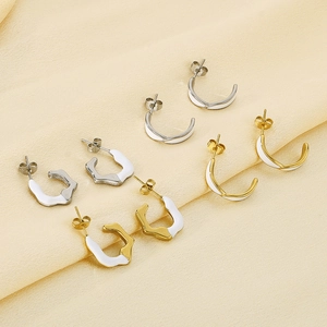 Minimalist geometric C-shaped enamel earrings in gold and silver stainless steel