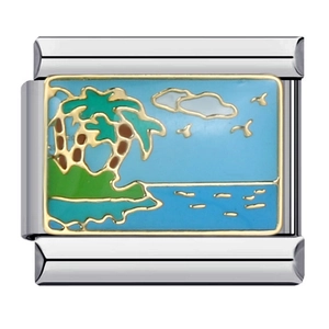 Macro shot of silver titanium modular link with colorful enamel beach and palm tree design