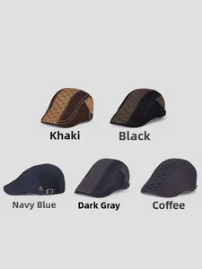 Detail view of cotton flat caps in various colors with adjustable metal buckle straps