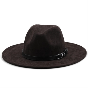 Classic dark brown wide brim suede fedora hat with black faux leather buckle belt strap