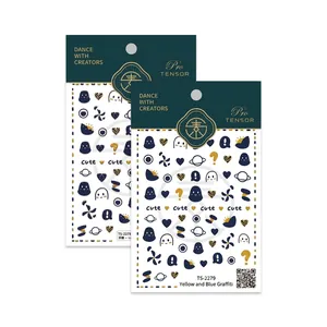 Pro Japanese ultra-thin 3D relief nail stickers with yellow and blue graffiti designs