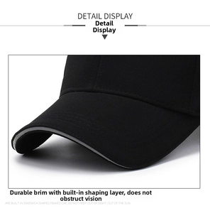 Close-up of black baseball cap brim showing twill texture and sturdy curved shape