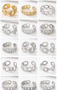 Detailed grid of 15 adjustable stainless steel rings featuring Cuban and link chain designs