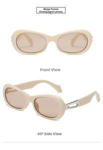 Front and 45-degree angle view of off-white oval sunglasses with silver hollow decoration