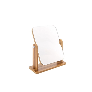 Rotating wooden desktop vanity mirror with rectangular rounded glass and natural wood base