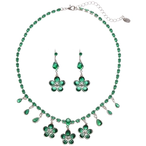 Silver jewelry set with green cubic zirconia flower pendants and teardrop tassels