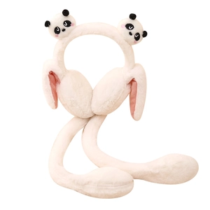 Cute panda plush earmuffs for kids featuring movable airbag ears and soft white faux fur