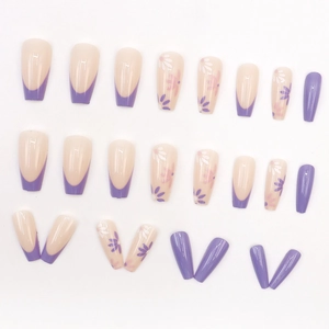 Lilac purple French press-on nails with cute floral patterns in a coffin shape set