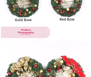 Detail of Christmas wreath with golden Merry Christmas sign and colorful ornaments