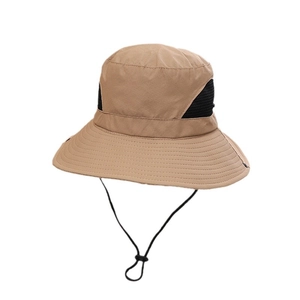 Khaki UV protection fishing hat with breathable mesh panels and adjustable chin strap