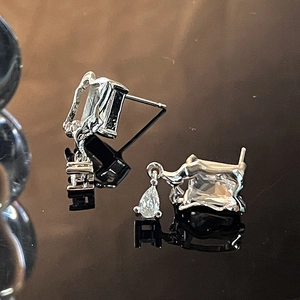 Exquisite silver butterfly earrings with rectangular zircon and teardrop crystal drops