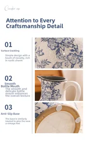 Dettaglio del vaso in ceramica bianco e blu con smalto craquelé e motivi floreali classici