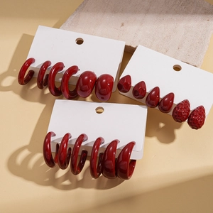 6-piece dark red acrylic drop earring set with vintage C-shape and geometric resin designs