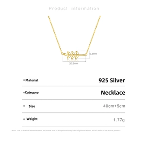 Detail view of gold leaf pendant with 925 silver specs and dimensions for women
