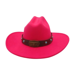 Detail of rose red fedora hat with turquoise beads and bronze bull skull buckle strap