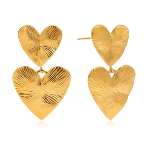 Minimalist 18K gold stainless steel heart drop earrings with ribbed texture on white base