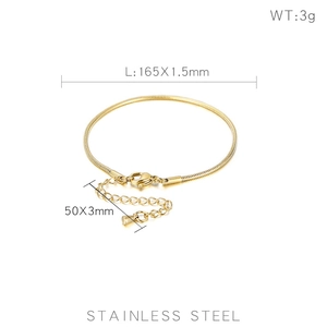 Detail view of gold stainless steel snake chain bracelet with precise size measurements