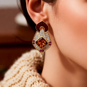 Close-up of vintage gold shield earring with amber stone and red gemstone details