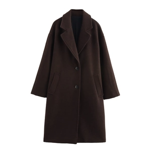Women Woolen Coat Loose Mid Length Suit Collar Solid Color Casual British Style Outerwear Winter Jacket