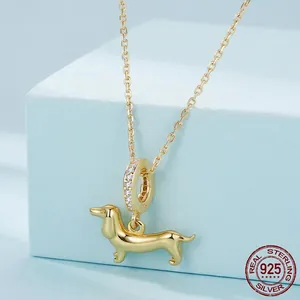 Cute S925 sterling silver dachshund dog pendant necklace with zircon inlaid bail