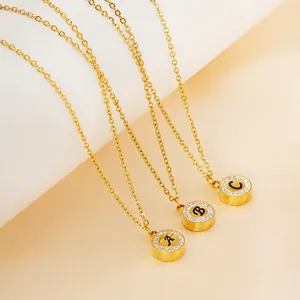 Initial Letter Pendant Necklace 18K Gold Plated Stainless Steel Iced Out Zircon Round Alphabet Jewelry Women Men Ins Style