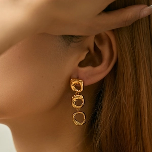 18K gold plated overlapping heart earrings with hammered metal texture for women