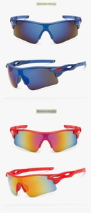 Detail of matte blue and red cycling sunglasses with TAC polarized mercury lenses