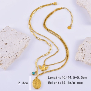 Detail of gold layered necklace with angel and Mary pendants including chain dimensions