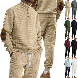 Detailed close-up of waffle knit texture and button collar on men's thermal tracksuit set