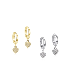 Sparkling S925 sterling silver heart hoop earrings with pavé crystals in gold and silver