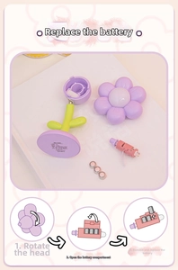 Detail view of flower night light battery compartment with button cell instructions