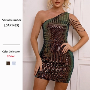 Robe Mini À Paillettes Une Épaule Pour Femme Franges De Chaîne De Perles Sexy Bodycon Soirée Club Tenue De Nuit