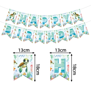 Blue and green sea turtle birthday party banner set with 13x18cm paper flag dimensions