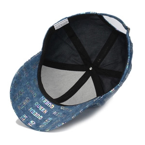 Adjustable baseball cap for women with colorful Queen letter print and denim texture