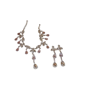Elegant silver necklace and earring set with pink and clear pear-cut crystals