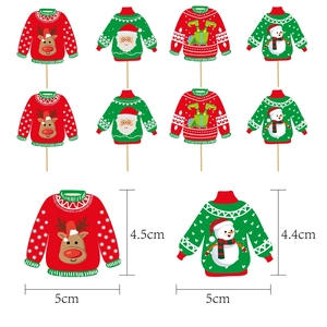 Detailed view of Christmas ugly sweater cake toppers with reindeer and snowman designs