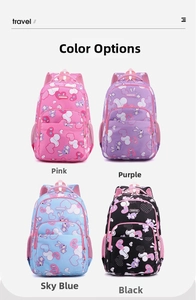 Matrix view of girls' school backpacks in pink, purple, blue, and black colors