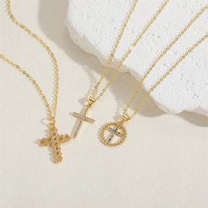 Three 14K gold plated brass cross necklaces with white zircon and colorful gemstones