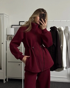 Deep red tracksuit set featuring zip-up stand collar hoodie and drawstring waist pants