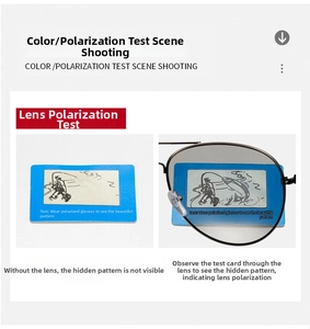 Close-up showing polarized lens effect on a test card with a visible fish pattern