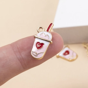 Pink heart milk tea charm with gold trim for DIY jewelry making and handmade necklaces