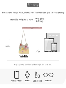 Size chart showing woven tote bag dimensions with iPad and phone scale comparison
