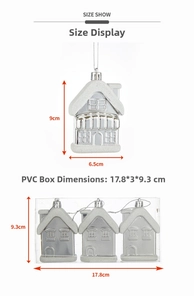Size display for silver house Christmas ornaments with dimensions in a PVC box packaging