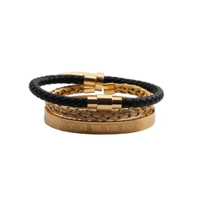Men's stainless steel jewelry set with gold Roman numeral cuff and woven bracelets