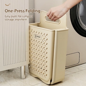 Beige foldable plastic laundry basket with breathable hollow design and top handle