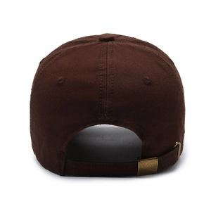 Deep brown vintage washed baseball cap with adjustable metal buckle from a back view perspective