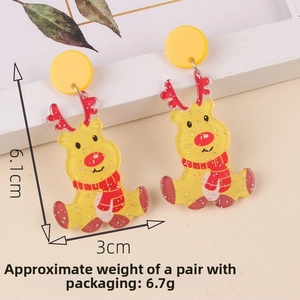 Detail of Christmas reindeer acrylic earrings with glitter, measuring 6.1cm by 3cm size